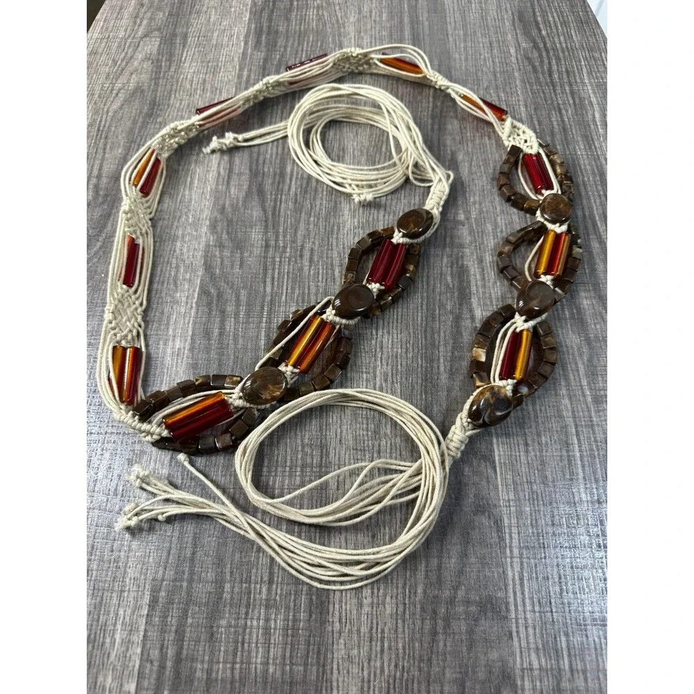 Women's Belt 77in Long 2in Wide Chunky Bead Earth Tone Woven Cords Tie Belt